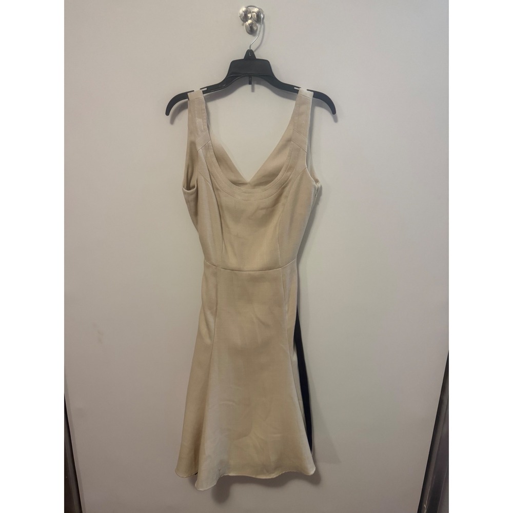 Next Women Beige Textured V-Neck Midi Dress with Black Waist Tie Size 6